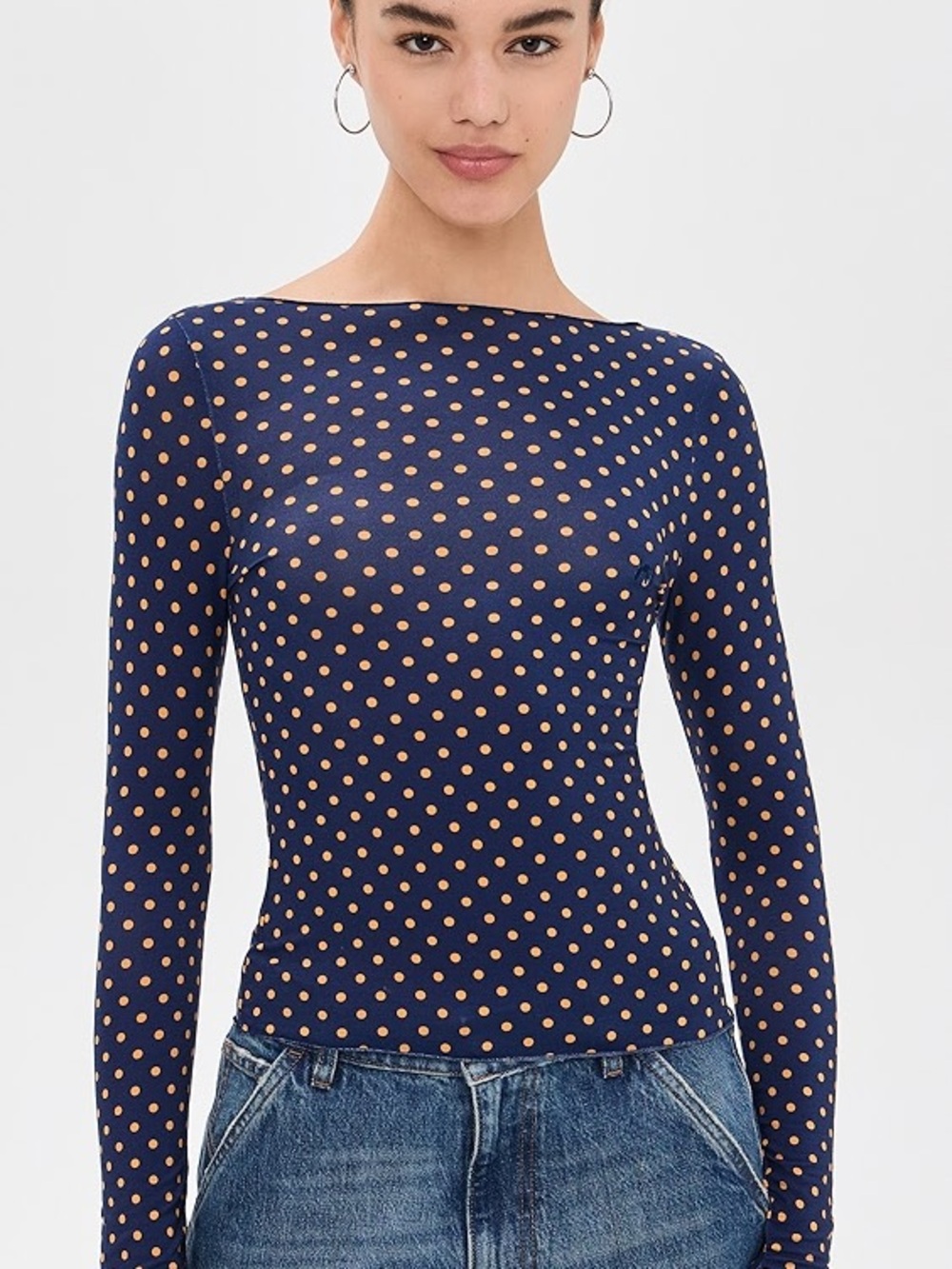 Miaou Amelia Navy Long Sleeve Top with Polka Dots